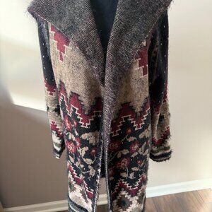 Vertigo Hooded Long Open Soft Fuzzy Cardigan Southwest Design Sweater Large
